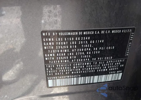 2023 Volkswagen Tiguan 2.0T Se from USA, damaged, VIN 3VVNB7AX8PM064574
